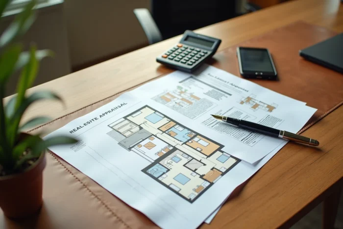 Documents d'expertise immobilière avec plan de bien, calculatrice et stylo sur un bureau professionnel