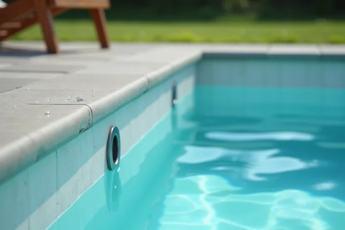 Gros plan sur l'eau cristalline d'une piscine traitée au magnésium avec reflets naturels