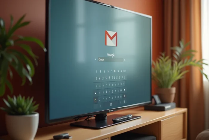 Écran de télévision connectée affichant l'interface de connexion Gmail avec clavier virtuel