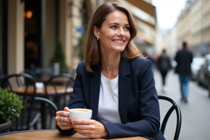 Elsa Fourlon attablée en terrasse de café parisien, regard pensif et expression naturelle dans une atmosphère authentique