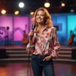 Elsa Fourlon en pleine performance sur le plateau de N'oubliez pas les paroles, tenant un micro vintage avec un grand sourire naturel