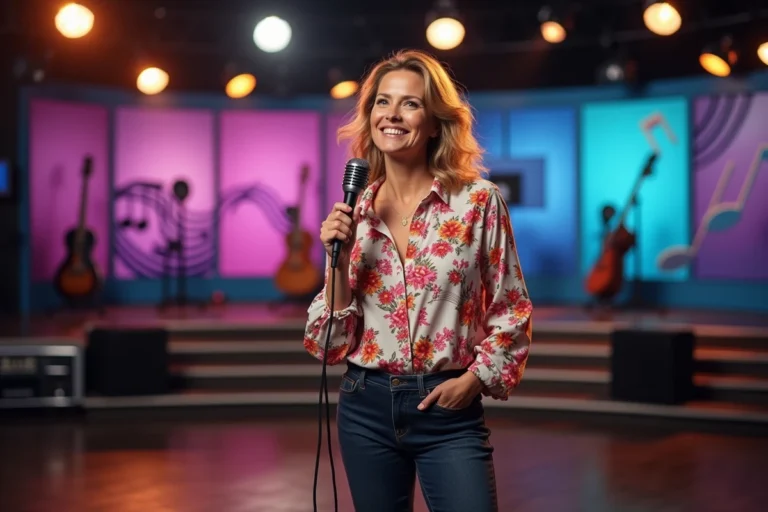 Elsa Fourlon en pleine performance sur le plateau de N'oubliez pas les paroles, tenant un micro vintage avec un grand sourire naturel