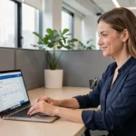 Employée Carrefour accédant à son espace Digiposte sur un ordinateur portable dans un bureau moderne