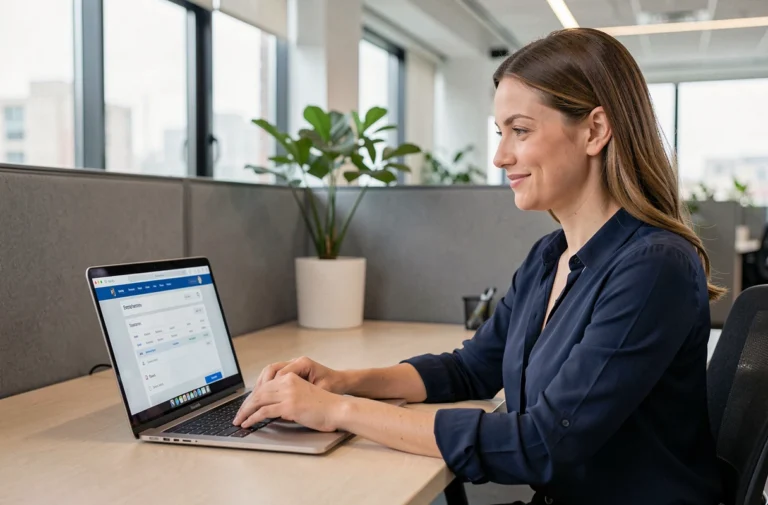 Employée Carrefour accédant à son espace Digiposte sur un ordinateur portable dans un bureau moderne