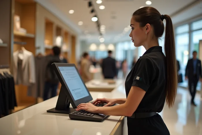 Employée des Galeries Lafayette traitant un remboursement sur une caisse enregistreuse moderne