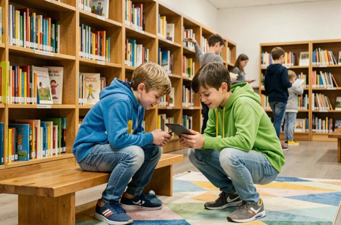 Deux garçons explorant des idées d'activités pour enfants sur une tablette numérique dans une bibliothèque jeunesse colorée
