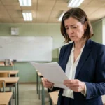 Enseignante consultant des documents sur la fin du pacte enseignant dans une salle de classe vide