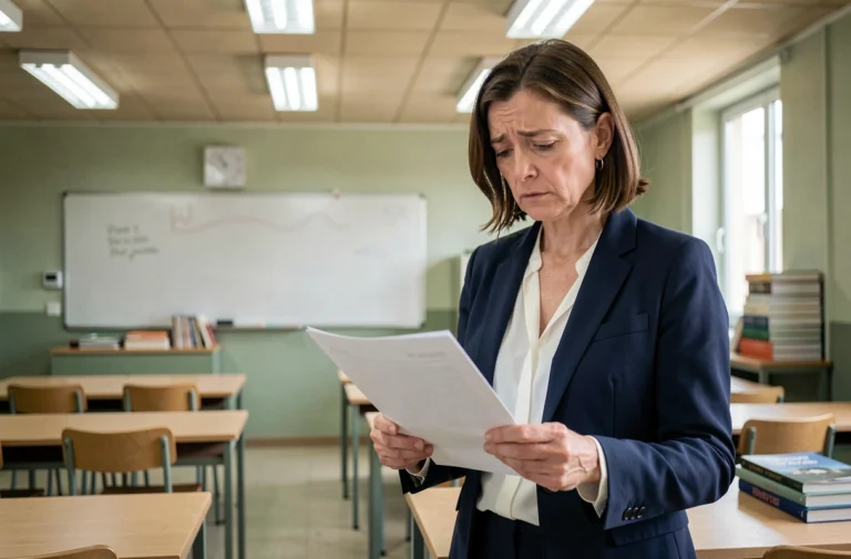 Enseignante consultant des documents sur la fin du pacte enseignant dans une salle de classe vide