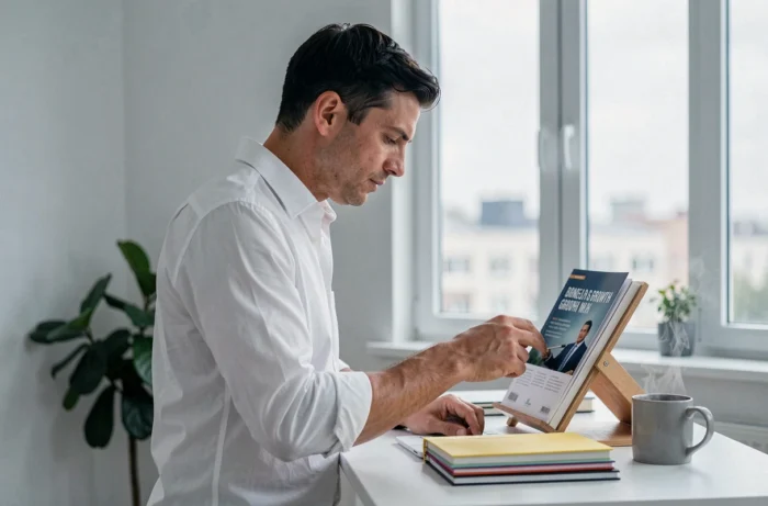 Entrepreneur concentré étudiant un guide de développement business dans un bureau minimaliste à domicile