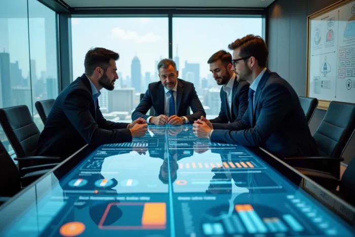 Équipe de professionnels collaborant autour d'une table tactile avec des outils de gestion connectés en salle de réunion