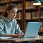 Étudiante en droit consultant ses résultats d'examen Assas sur un ordinateur portable dans une bibliothèque universitaire