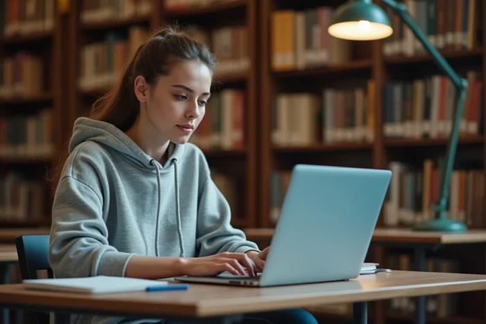 Étudiante en droit consultant ses résultats d'examen Assas sur un ordinateur portable dans une bibliothèque universitaire