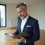 Expert immobilier examinant un appartement moderne lors d'une expertise immobilière professionnelle