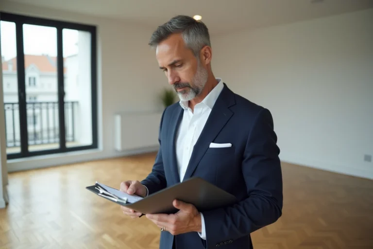 Expert immobilier examinant un appartement moderne lors d'une expertise immobilière professionnelle