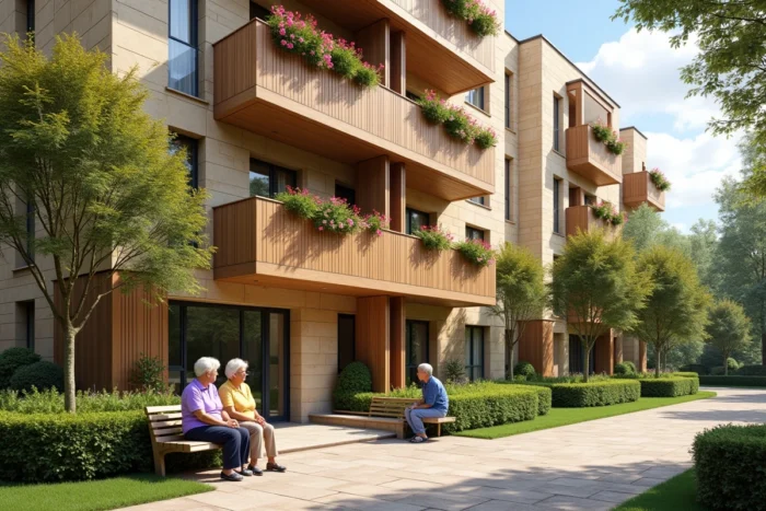 Facade extérieure de la résidence senior Les Diagonales à Bergerac avec des résidents profitant de l'espace extérieur