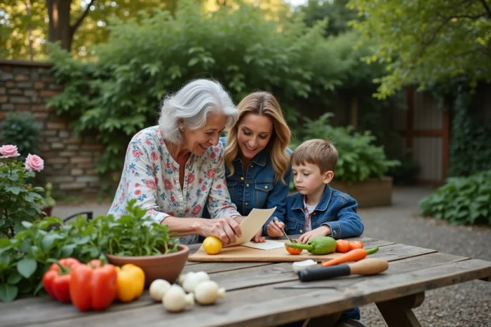Grand-mère, mère et petit-fils préparant des légumes ensemble dans un jardin familial lors d'un moment intergénérationnel bienveillant