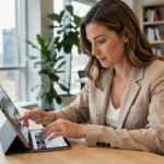 Femme consultant les dernières actualités sur une tablette dans un bureau moderne