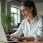 Femme consultant les dernières actualités et tendances sur un ordinateur portable dans un bureau moderne
