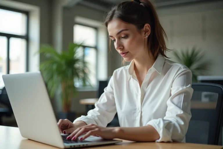 Femme consultant les dernières actualités et tendances sur un ordinateur portable dans un bureau moderne