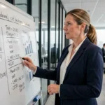 Femme d'affaires analysant une stratégie de fixation des prix sur un tableau blanc dans un bureau moderne