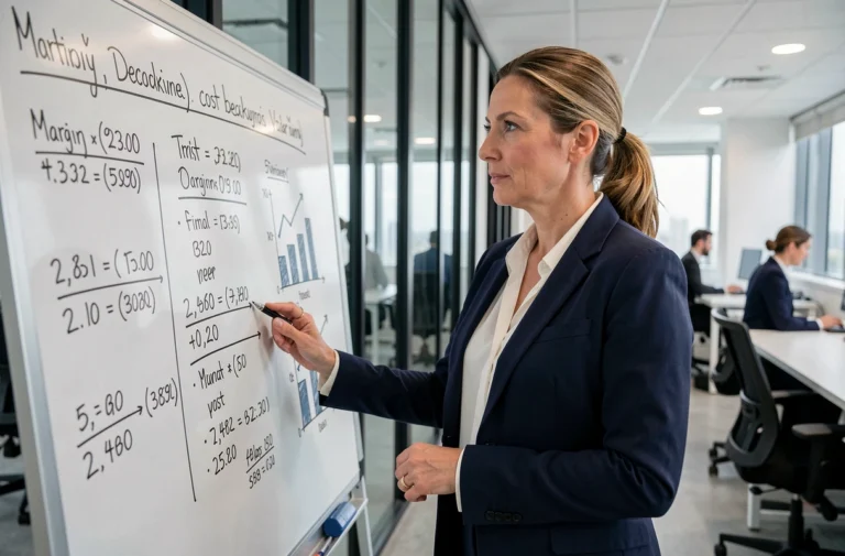 Femme d'affaires analysant une stratégie de fixation des prix sur un tableau blanc dans un bureau moderne