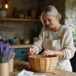 Femme artisane tressant un panier en osier dans une cuisine rustique avec murs en pierre et étagères en bois