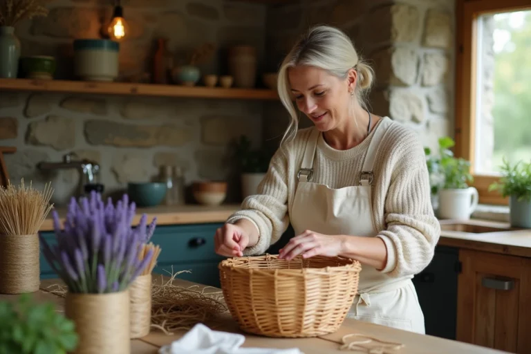 Femme artisane tressant un panier en osier dans une cuisine rustique avec murs en pierre et étagères en bois