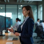 Femme cadre dirigeante utilisant un logiciel de gestion d'entreprise sur plusieurs écrans dans un open space moderne