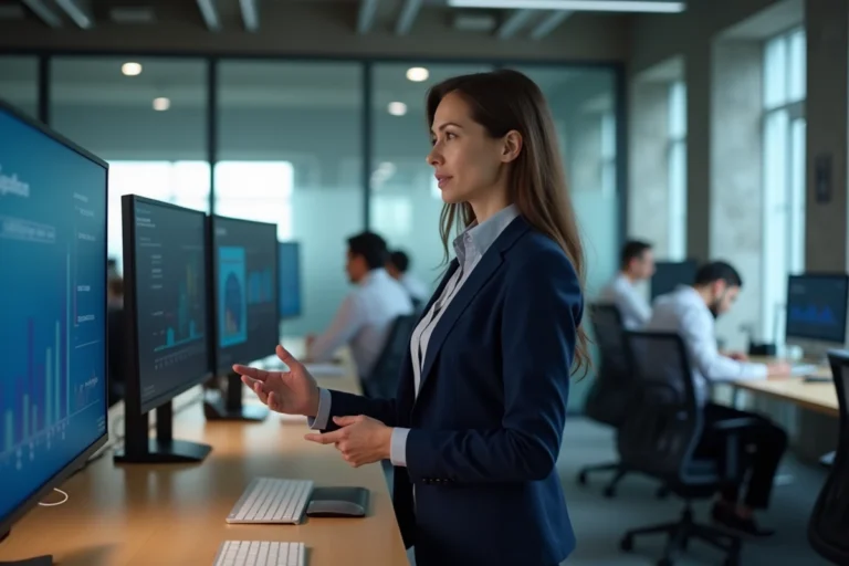 Femme cadre dirigeante utilisant un logiciel de gestion d'entreprise sur plusieurs écrans dans un open space moderne