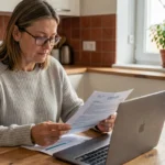 Femme comparant des offres de mutuelle santé sur un ordinateur portable à sa table de cuisine