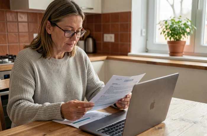 Femme comparant des offres de mutuelle santé sur un ordinateur portable à sa table de cuisine