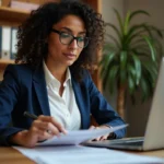 Femme consultant des documents de crédit à son bureau à domicile pour financer un projet personnel
