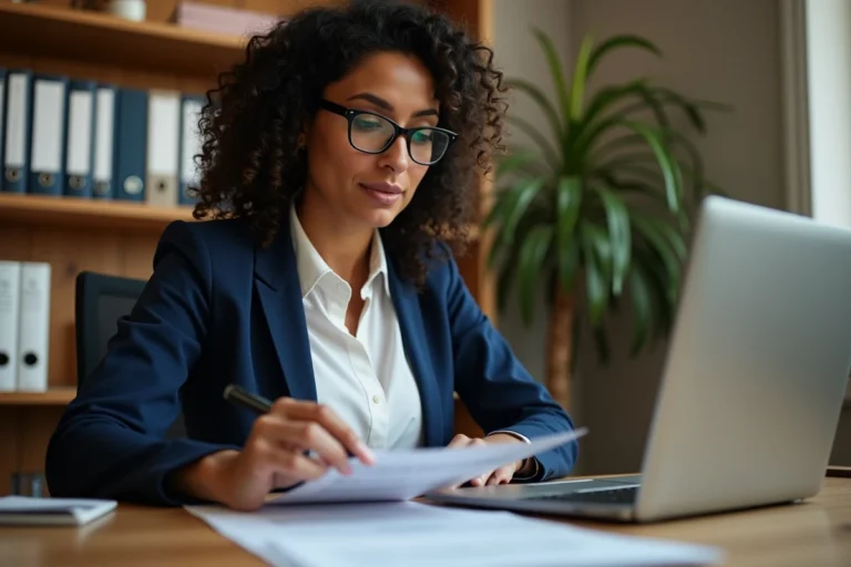 Femme consultant des documents de crédit à son bureau à domicile pour financer un projet personnel