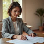Femme consultant des documents immobiliers dans un bureau de notaire dans l'Aude lors d'une vente urgente après divorce