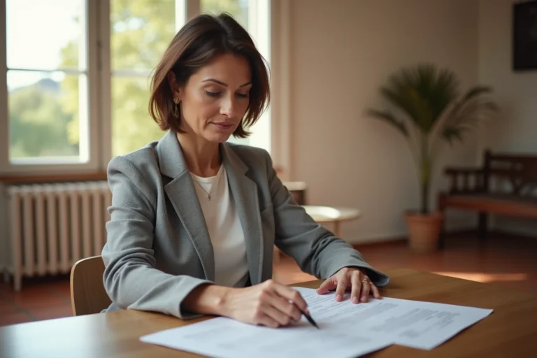 Femme consultant des documents immobiliers dans un bureau de notaire dans l'Aude lors d'une vente urgente après divorce