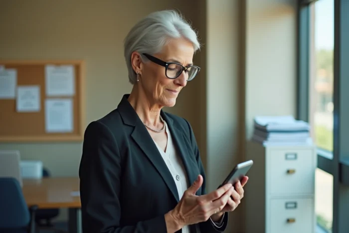 Femme consultant un email de réinitialisation de mot de passe sur smartphone dans un bureau administratif