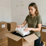 Femme triant et emballant des vêtements dans des cartons étiquetés lors du vidage d'un logement