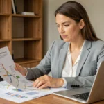 Femme consultant un plan de site et un tableau financier sur ordinateur portable dans un bureau à domicile moderne