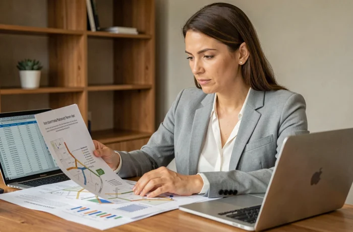 Femme consultant un plan de site et un tableau financier sur ordinateur portable dans un bureau à domicile moderne