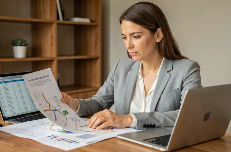 Femme consultant un plan de site et un tableau financier sur ordinateur portable dans un bureau à domicile moderne