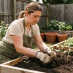 Femme jardinant dans un potager surélevé en bois, repiquant des plants de tomates biologiques dans un sol riche en compost