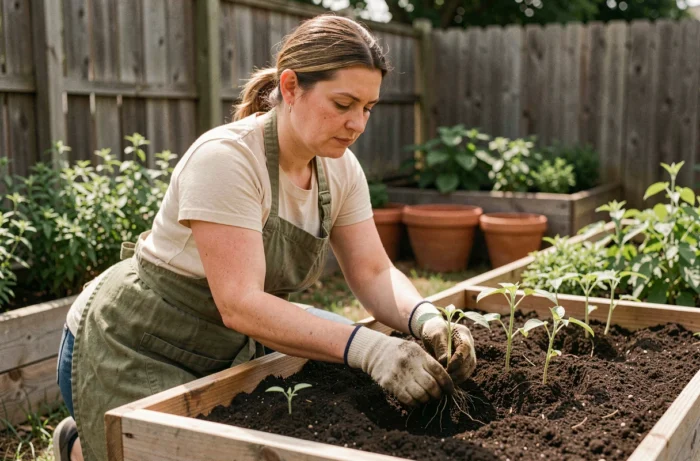 Femme jardinant dans un potager surélevé en bois, repiquant des plants de tomates biologiques dans un sol riche en compost