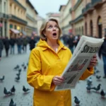 Femme surprise en imperméable jaune tenant un journal géant au milieu d'une place animée, scène insolite et décalée en ville