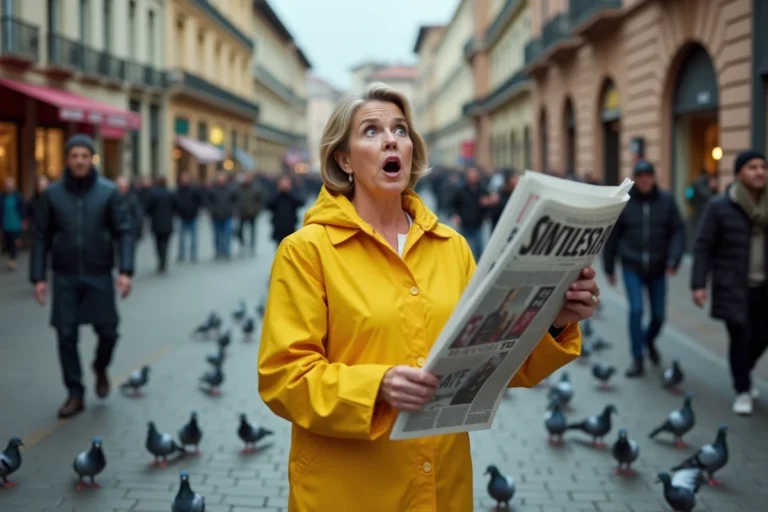 Femme surprise en imperméable jaune tenant un journal géant au milieu d'une place animée, scène insolite et décalée en ville