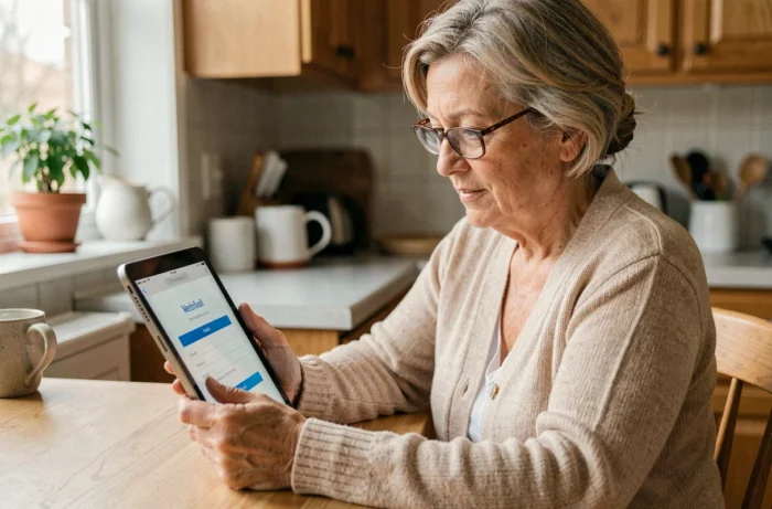 Femme d'âge mûr consultant son webmail en toute sérénité sur une tablette dans sa cuisine