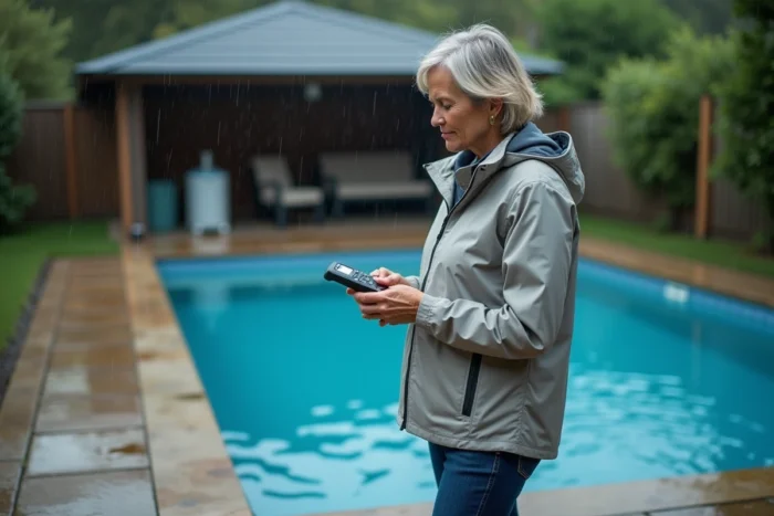 Femme consultant le minuteur de pompe de piscine sous la pluie au bord du bassin