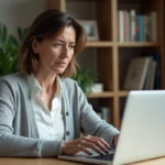 Femme devant un ordinateur portable affichant une erreur de connexion à sa messagerie professionnelle