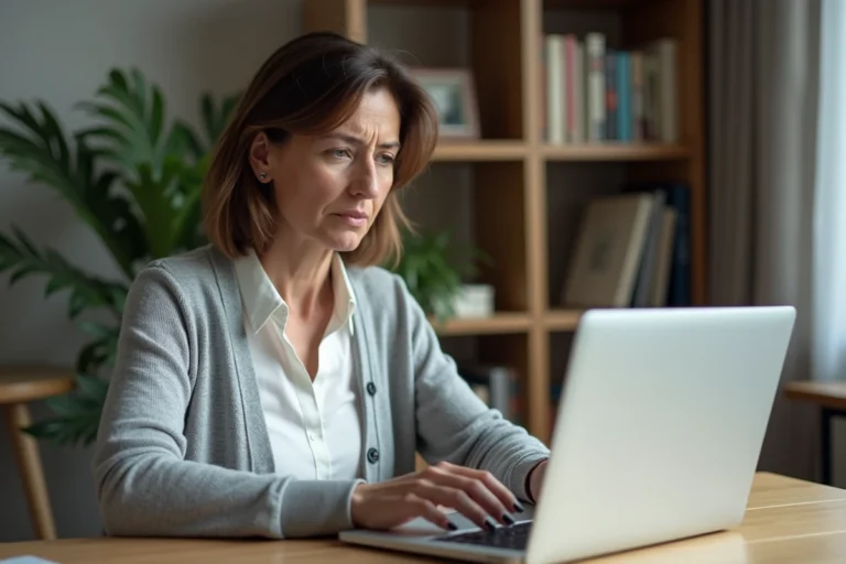Femme devant un ordinateur portable affichant une erreur de connexion à sa messagerie professionnelle