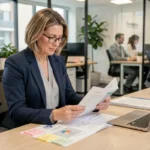 Femme professionnelle en blazer marine consultant un guide stratégique business dans un bureau moderne