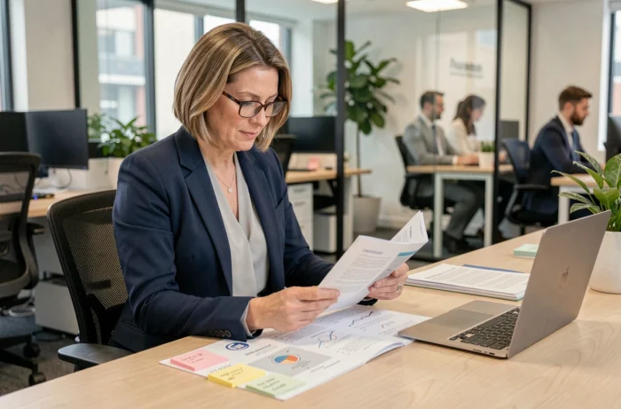 Femme professionnelle en blazer marine consultant un guide stratégique business dans un bureau moderne